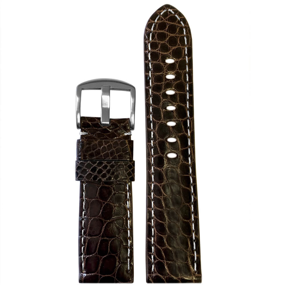 Brown Louisiana Alligator Watch Band | Flank Cut | Padded | White Stitch