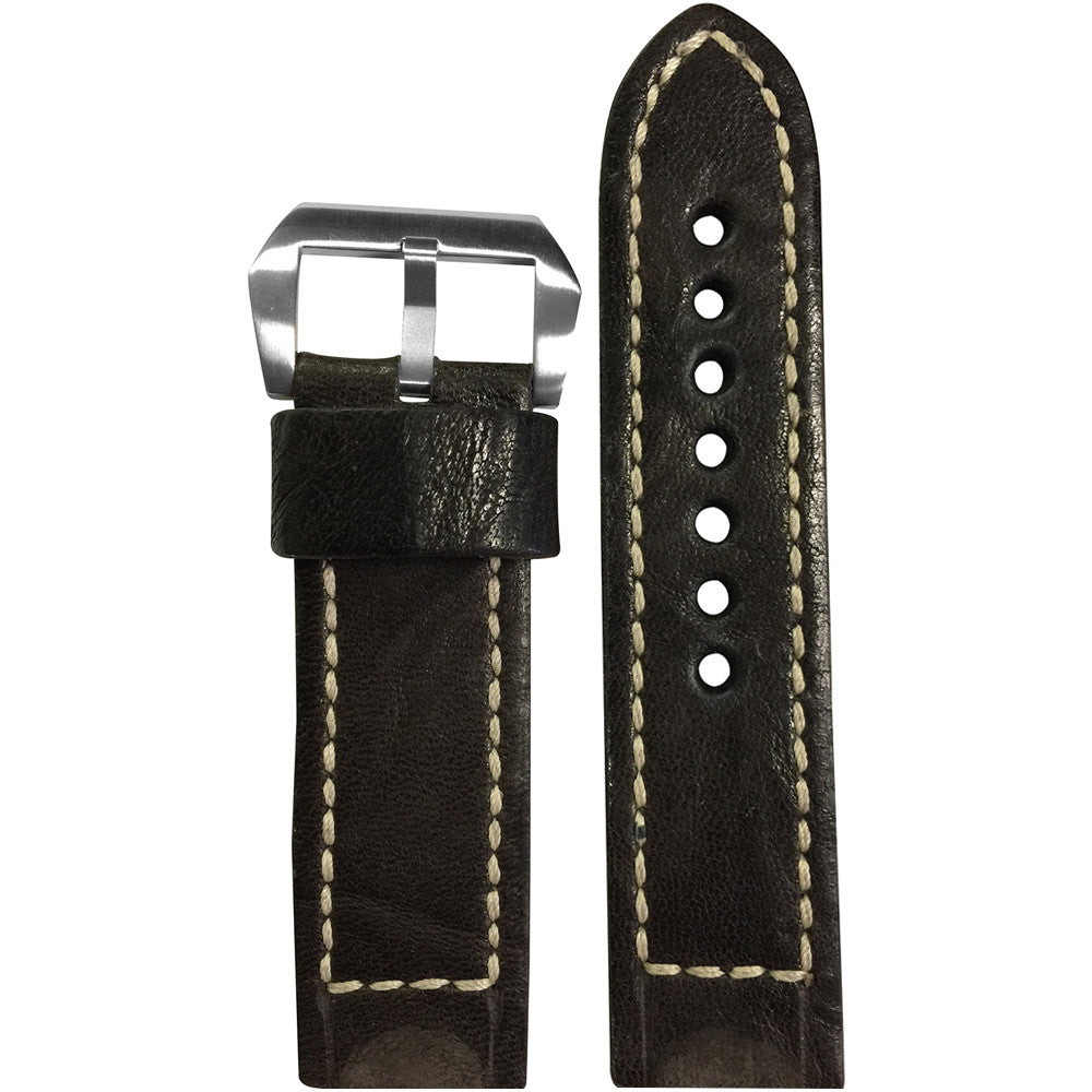 Distressed Vintage Leather Watch Band | Dark Brown | White Box Stitch | For Panerai