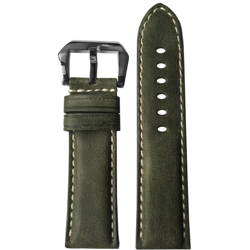 Vintage Leather Watch Band | Olive | Padded | White Stitch | For Panerai