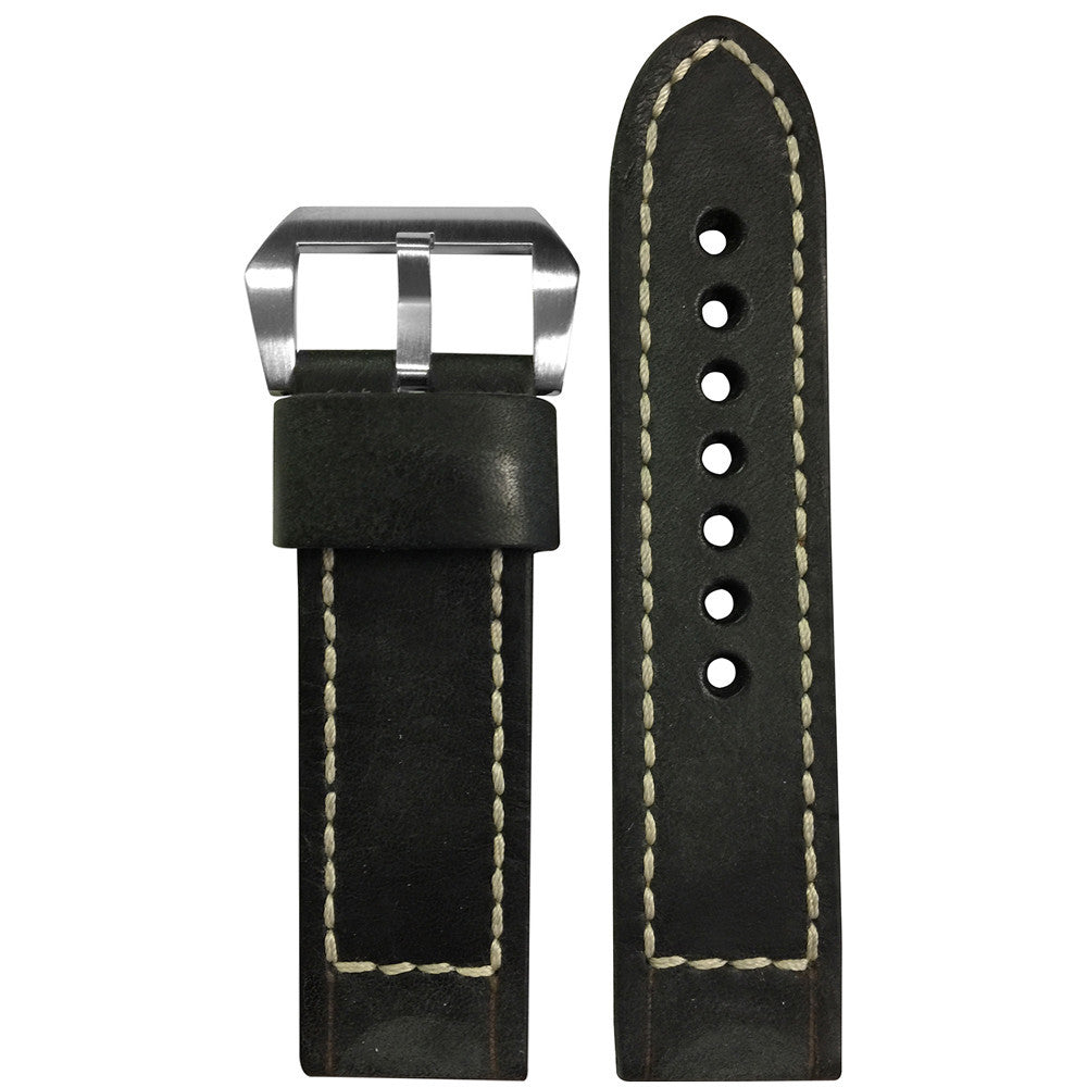 Distressed Vintage Leather Watch Band | Smooth Black | White Box Stitch | For Panerai